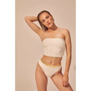 Free People Solid & Striped Bella Bikini Bottom Swim Gold Cream Size XS NWT